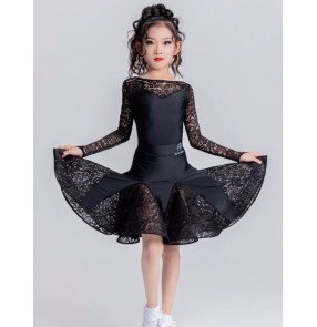 Girls kids black lace latin ballroom dance dresses salsa rumba chacha modern dance costumes for children